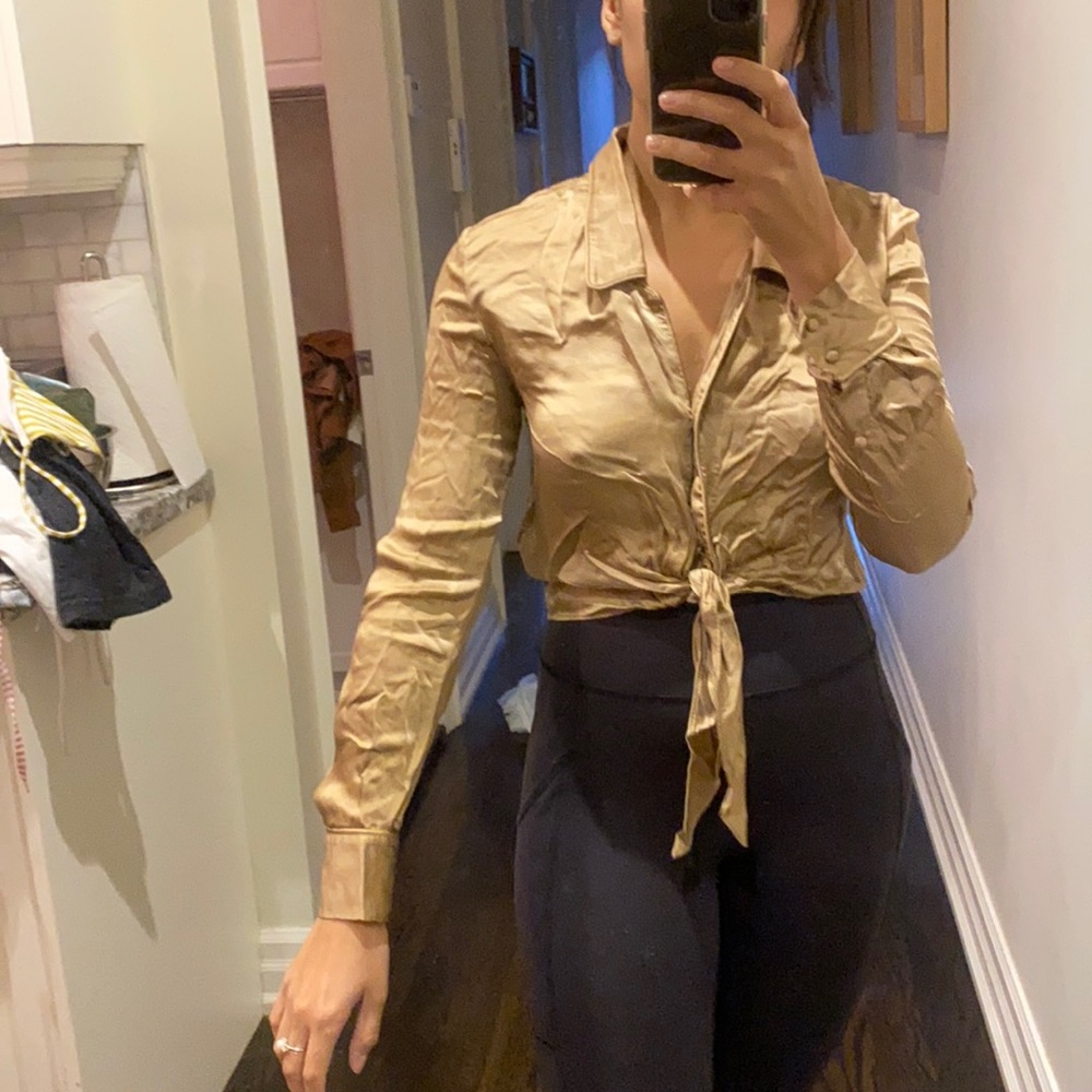 Aritzia silk tie front blouse. Silk is more of a rose colour. Size xxs fits xs.
